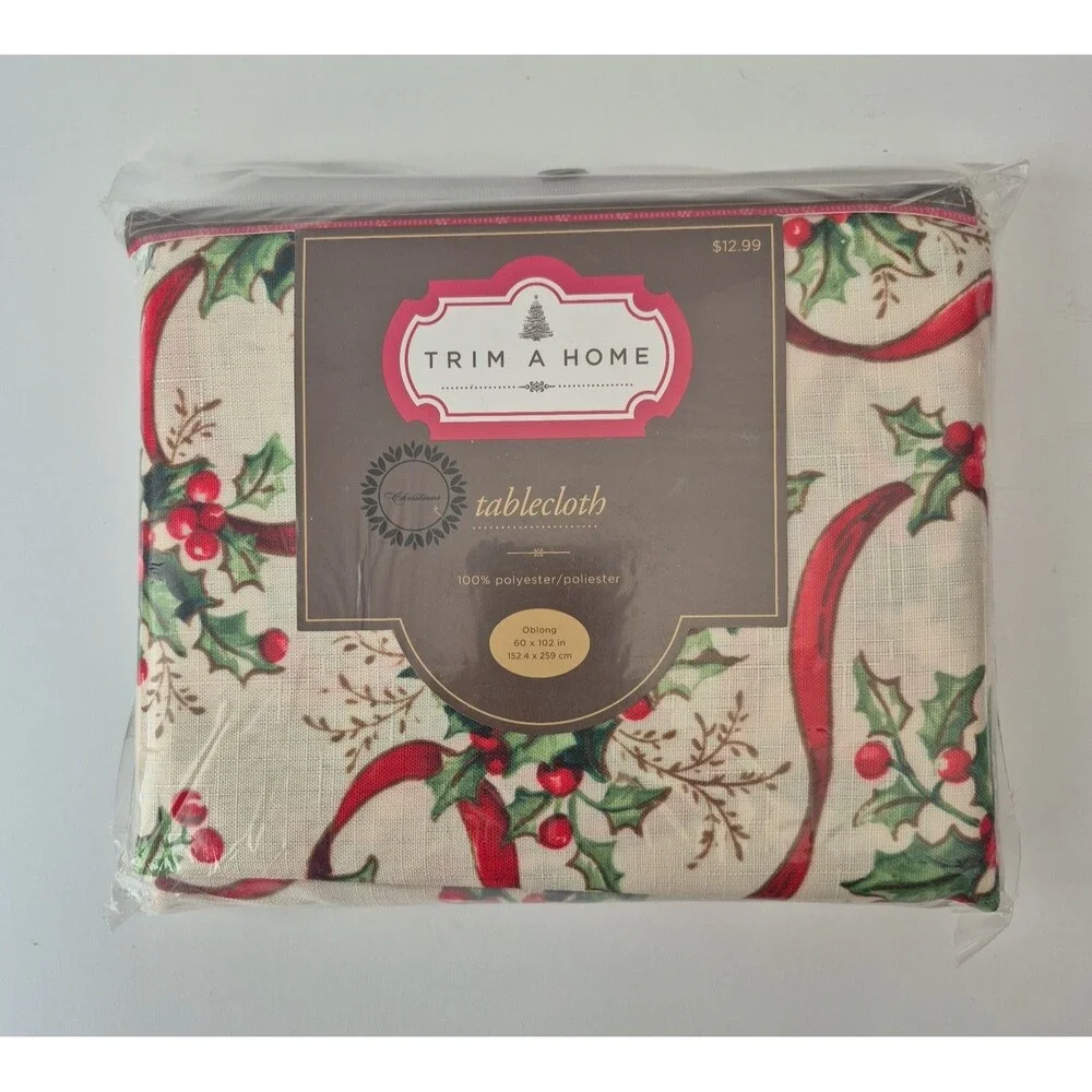 Trim a Home Christmas Holly Berries Red Ribbons 60 x 102 IN Oblong Tablecloth